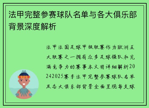 法甲完整参赛球队名单与各大俱乐部背景深度解析
