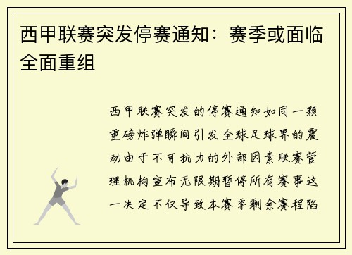 西甲联赛突发停赛通知：赛季或面临全面重组