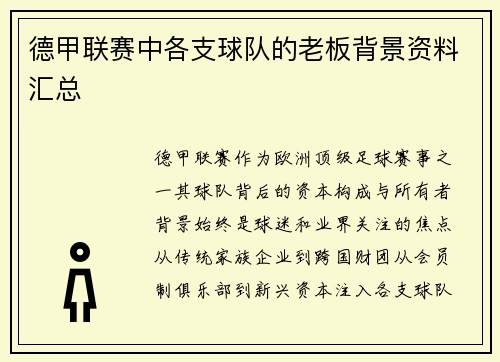 德甲联赛中各支球队的老板背景资料汇总